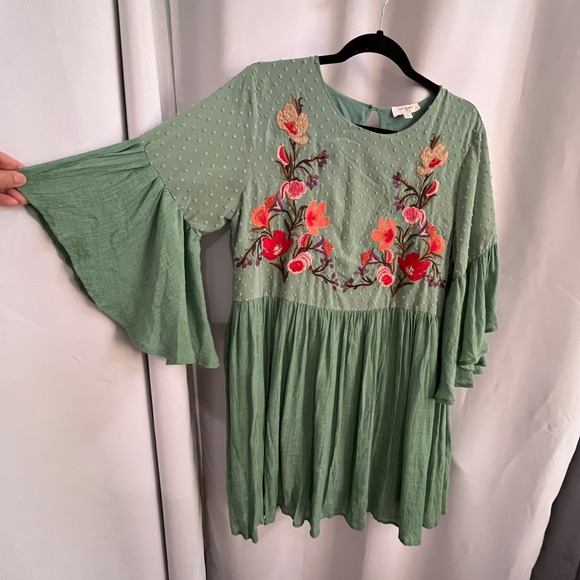 Umgee Floral Embroidered Mini Dress Tunic Womens Sz L Green Boho Garden Wedding - Picture 8 of 11